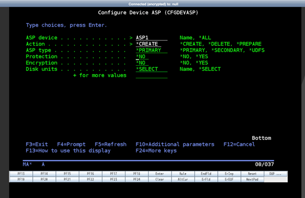 IBM i green-screen interface for configuring an auxiliary storage pool