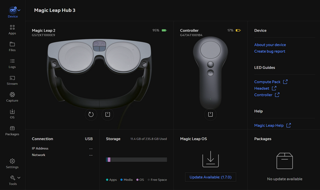 Magic Leap Hub 3 dashboard showing a connected Magic Leap headset and controller