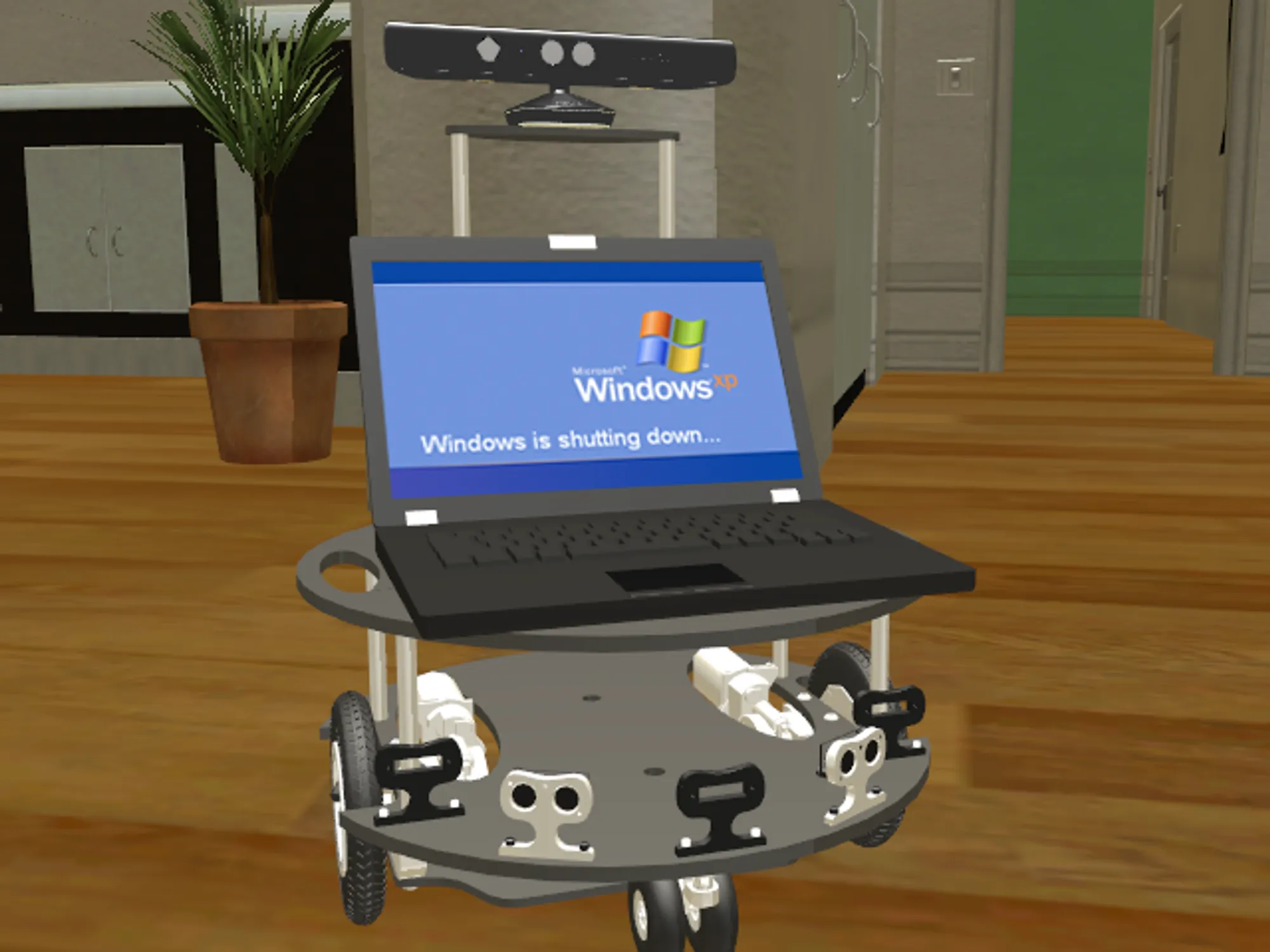 Microsoft Robotics Developer Studio simulation showing a mobile robot carrying a laptop in a virtual home
