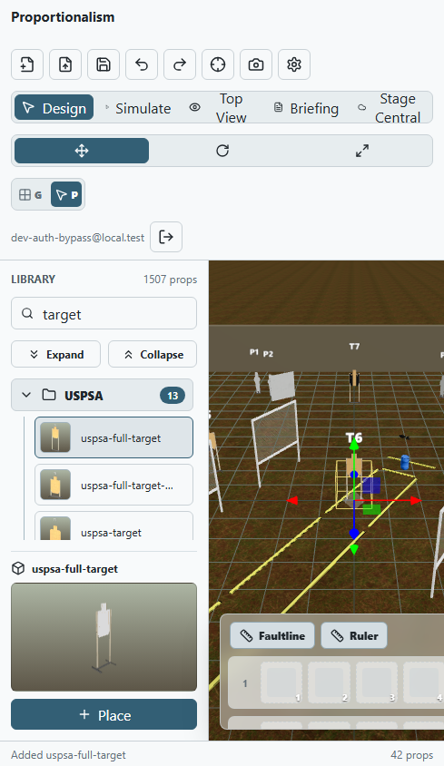 Practisim Designer running in a responsive mobile-width editor with a stage, prop library, and transform controls