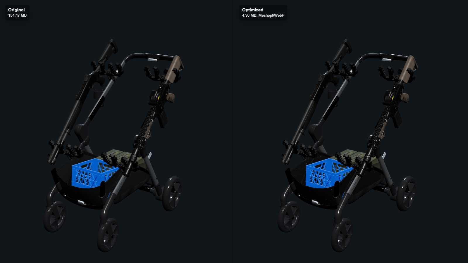 Side-by-side original and optimized 3D model render showing preserved appearance