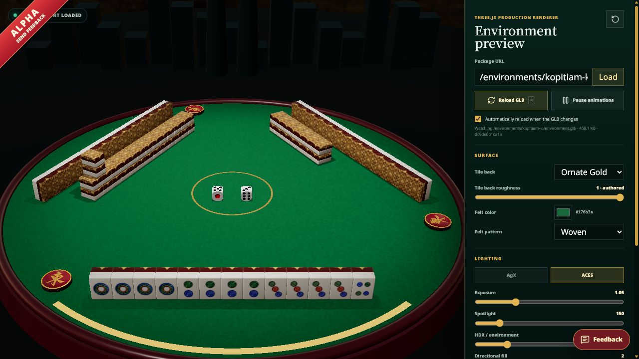 Jom Mahjong environment preview with ornate gold tile backs and woven felt selected