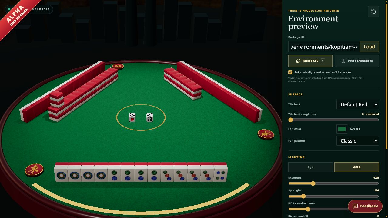 Working Jom Mahjong Three.js environment preview