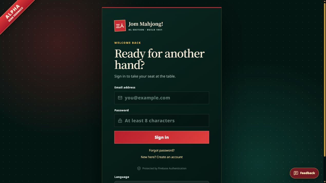 Jom Mahjong sign-in screen with the KL Edition identity and language control