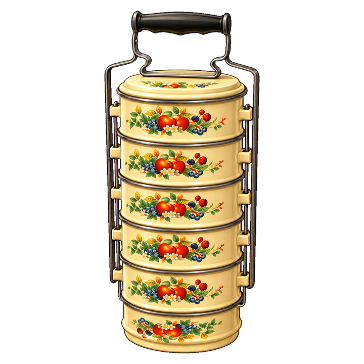 A six-tier floral tiffin carrier used for the Jom Mahjong Energy shop
