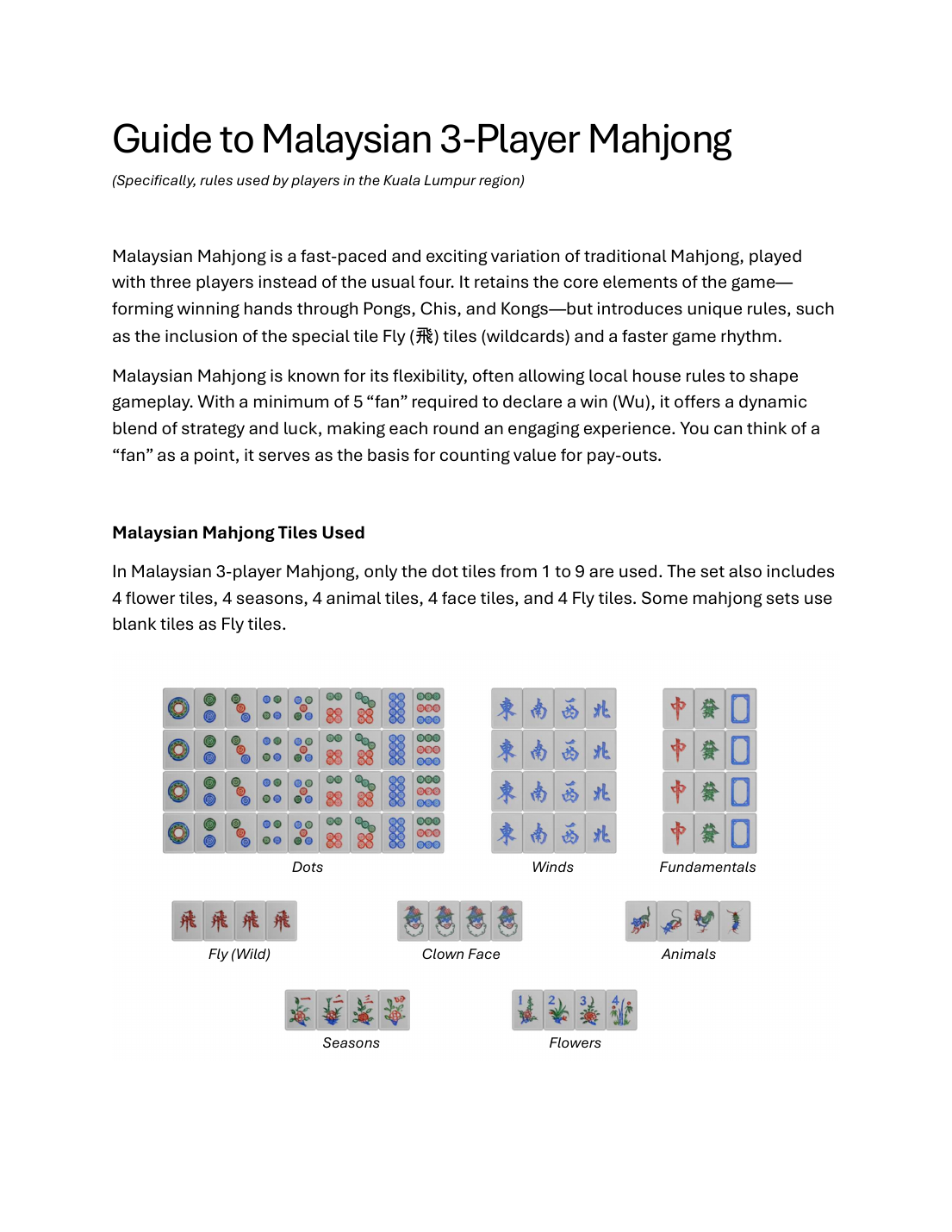 First page of the Kuala Lumpur Malaysian three-player Mahjong rulebook with the complete tile set
