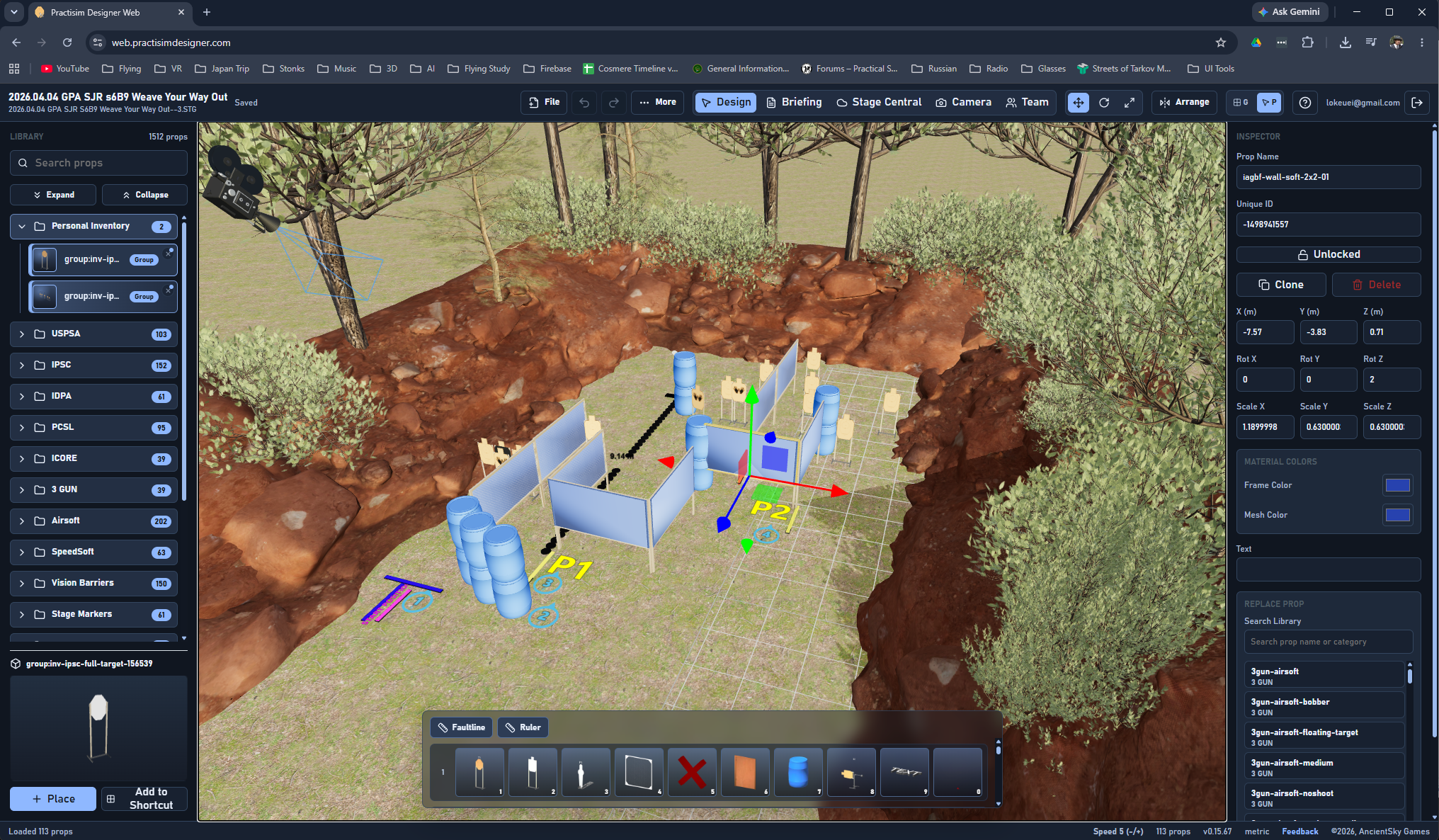 Practisim Designer Web editing a detailed outdoor stage with targets, barriers, measurements, and prop controls