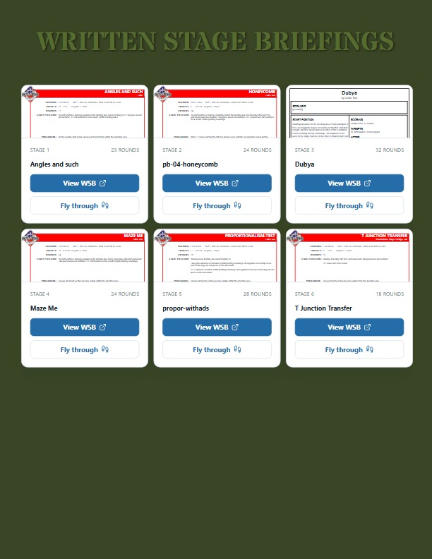 Texas Open Championships online Matchbook showing stage briefings with View WSB and Fly through actions