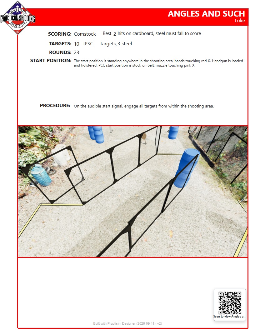 Generated Angles and such written stage briefing with a stage diagram, scoring details, start position, and procedure