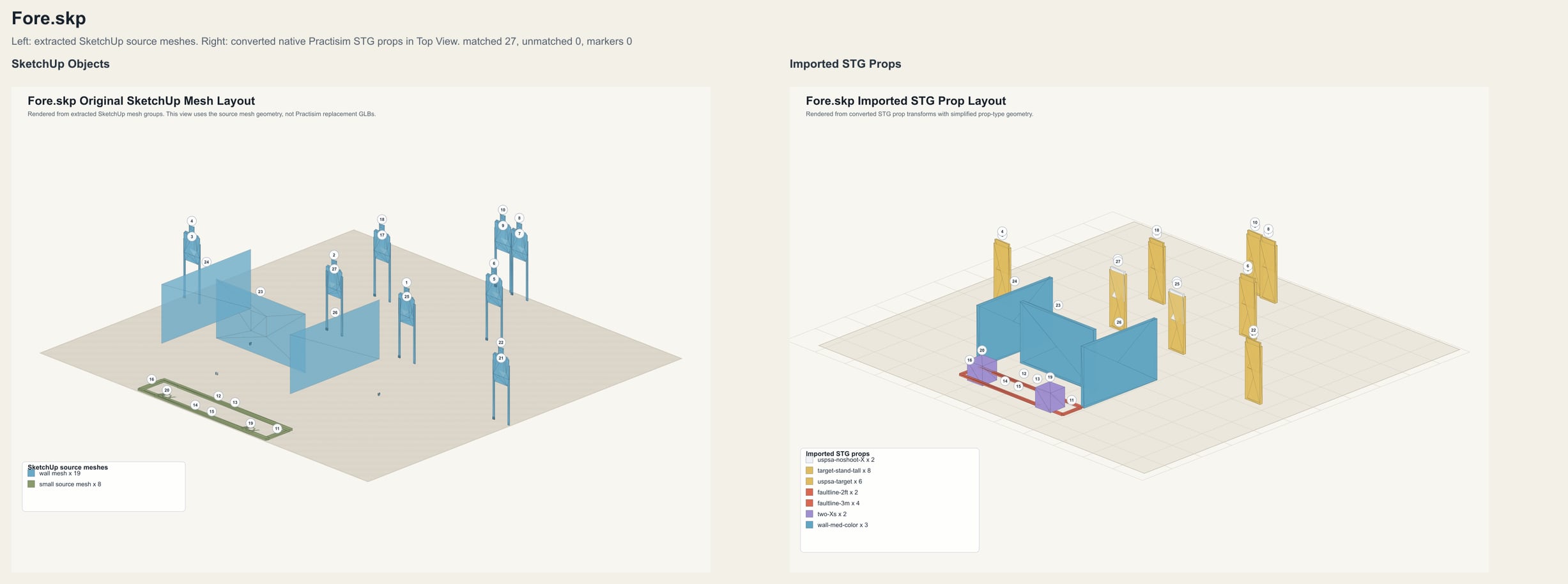 Side-by-side comparison of original SketchUp shapes and the editable Practisim result