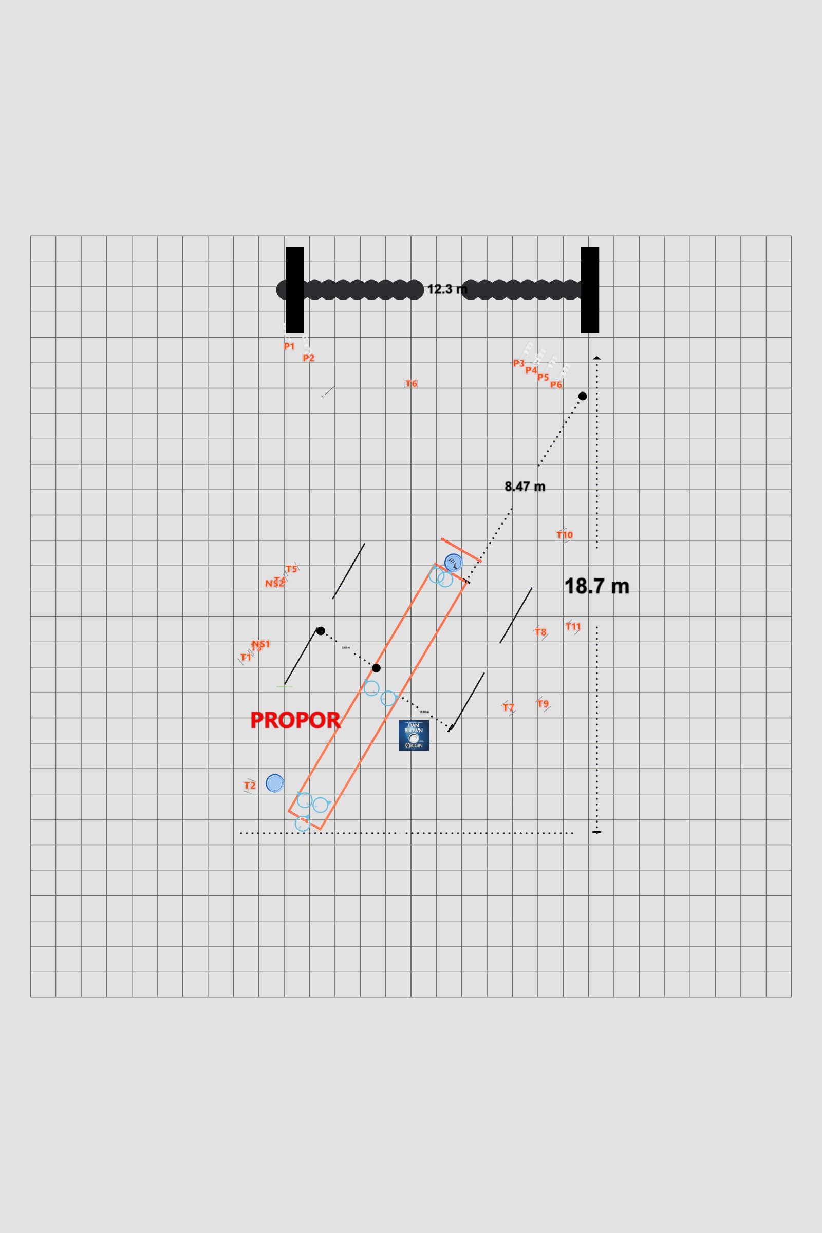 A generated overhead stage plan showing targets, boundaries, and measured distances